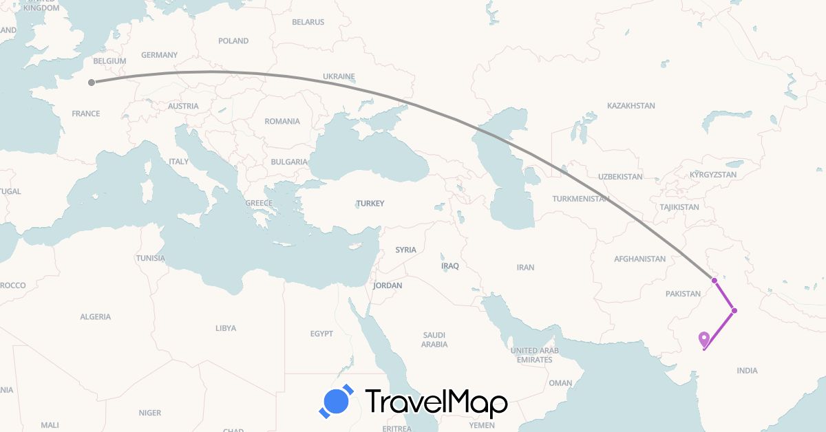 TravelMap itinerary: plane, train in France, India (Asia, Europe)